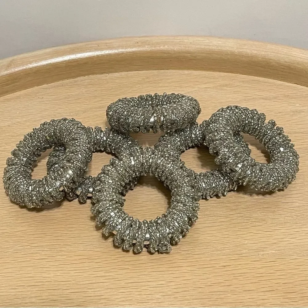Glass Beaded Sparkly Silver Napkin Rings Holiday Special Occasion Party Set of 6